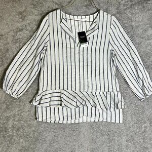 Next Blouse Womens 6 Blue Striped Gold Metallic Peplum V Neck 3/4 Sleeve Ruffle